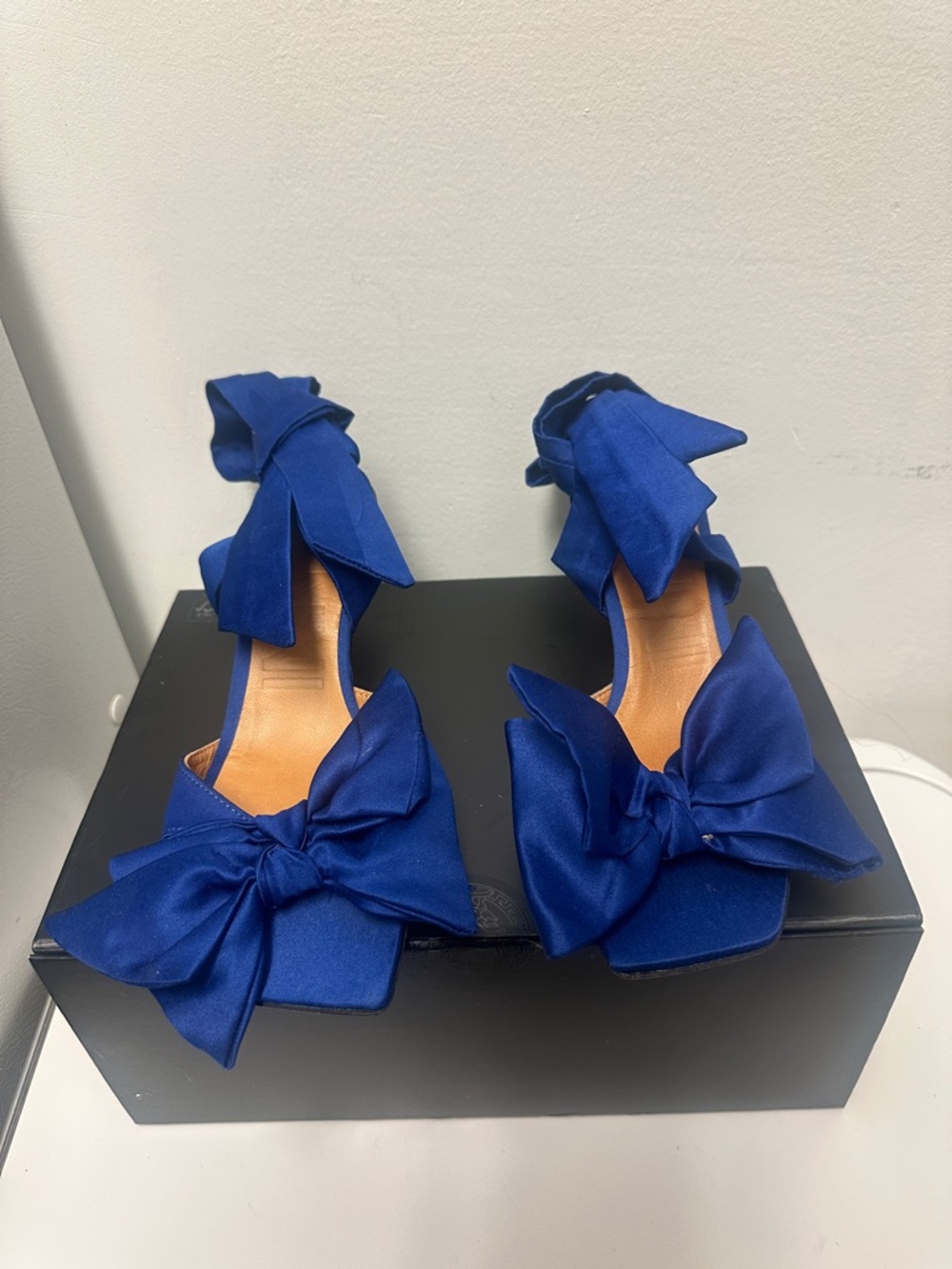 Ganni Royal Blue Satin Bow Ankle Lace Up Heel Sandals, Very comfy tiny heel